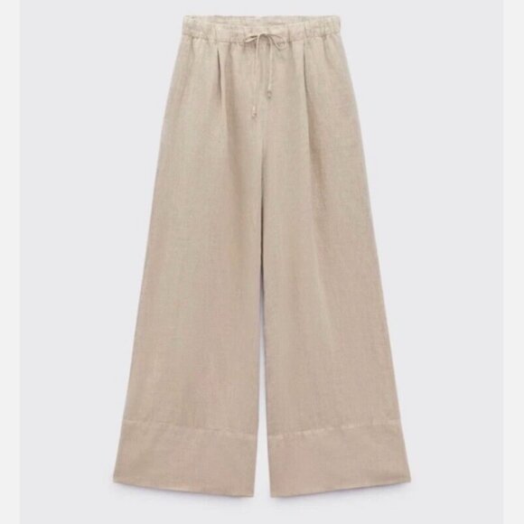 ZARA LINEN NEUTRAL PALAZZO WIDE LEG ELASTIC DRAWSTRING BEIGE POCKET PANTS SIZE M - Picture 1 of 10